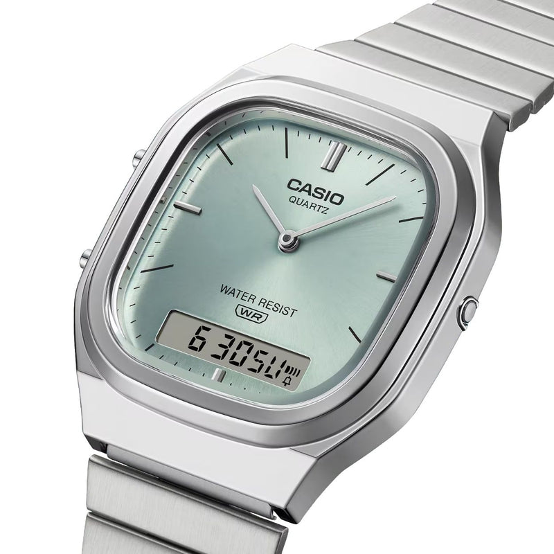 Casio Vintage AQ-240E-2AEF (lägg gtin) analog unisexklocka med grön urtavla och armband i rostfritt stål