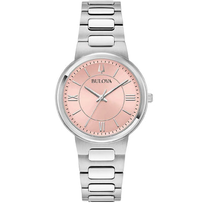 Bulova Classic 96L335 analog damklocka med rosa urtavla och armband i rostfritt stål