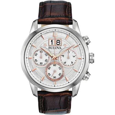 Bulova Sutton 96B309 analog herrklocka med vit urtavla och armband i läder