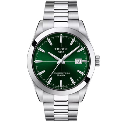 Tissot Gentleman Powermatic 80 Silicium T127.407.11.091.01 analog herrklocka med grön urtavla och armband i rostfritt stål