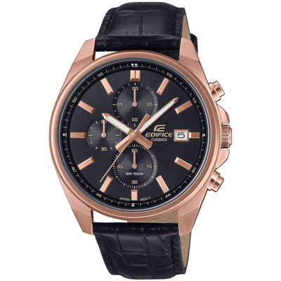 Casio Edifice Chronograph EFV-610ECL-1AUEF analog herrklocka med svart urtavla och armband i läder