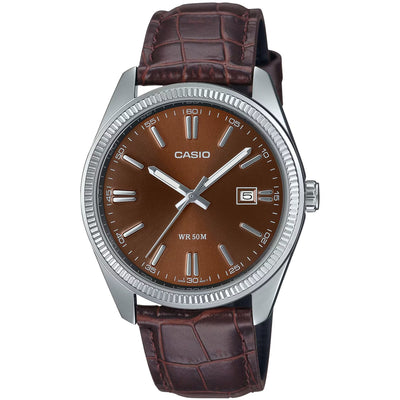 Casio Timeless MTP-1302PL-5AVEF analog herrklocka med brun urtavla och armband i läder