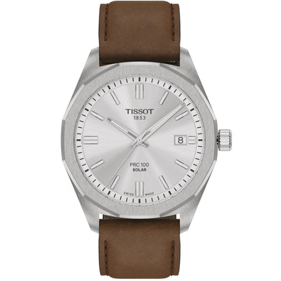 Tissot PRC 100 Solar T151.422.16.031.00 analog herrklocka med silver urtavla och armband i läder