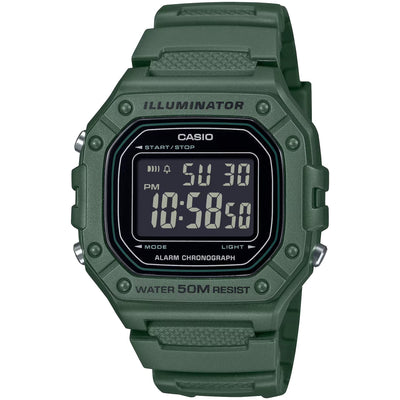 Casio Timeless W-218H-3BVEF digital herrklocka med svart urtavla och armband i resin