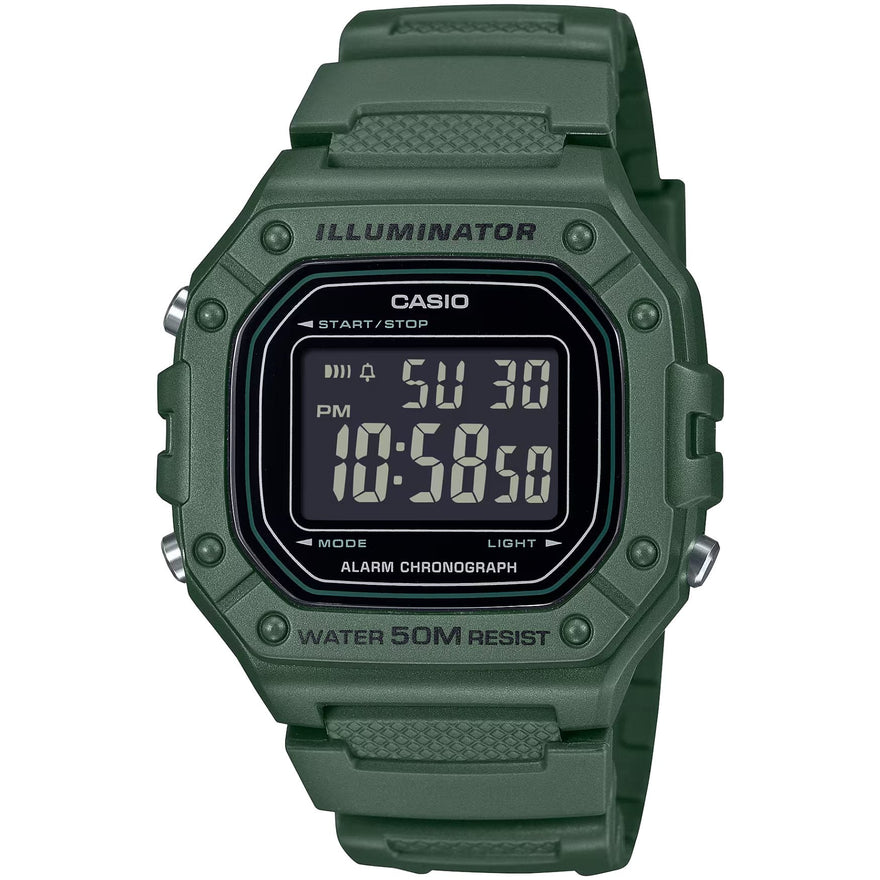 Casio Timeless W-218H-3BVEF digital herrklocka med svart urtavla och armband i resin