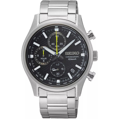 Seiko Chronograph SSB419P1 analog herrklocka med svart urtavla och armband i rostfritt stål