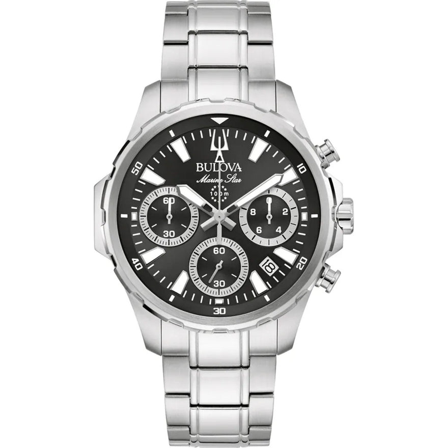 Bulova Marine Star 96B467 analog herrklocka med svart urtavla och armband i rostfritt stål