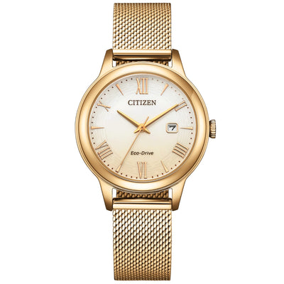 Citizen Elegance EW2623-70P analog damklocka med beige urtavla och armband i rostfritt stål