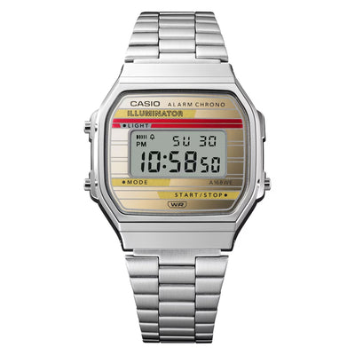 Casio Vintage A168WEHA-9AEF digital unisexklocka med beige urtavla och armband i rostfritt stål