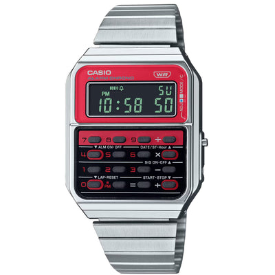 Casio Vintage CA-500WE-4BEF digital unisexklocka med rött urtavla och armband i rostfritt stål