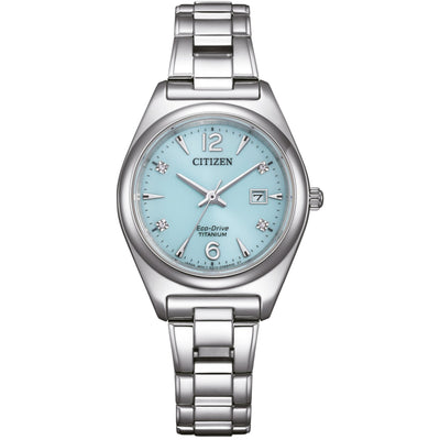 Citizen Super Titanium EW2601-81M analog damklocka med blå urtavla och armband i titan