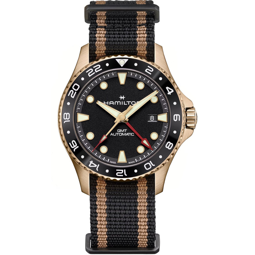 Hamilton Khaki Navy Scuba Automatic GMT H82565930 analog herrklocka med svart urtavla och armband i textil