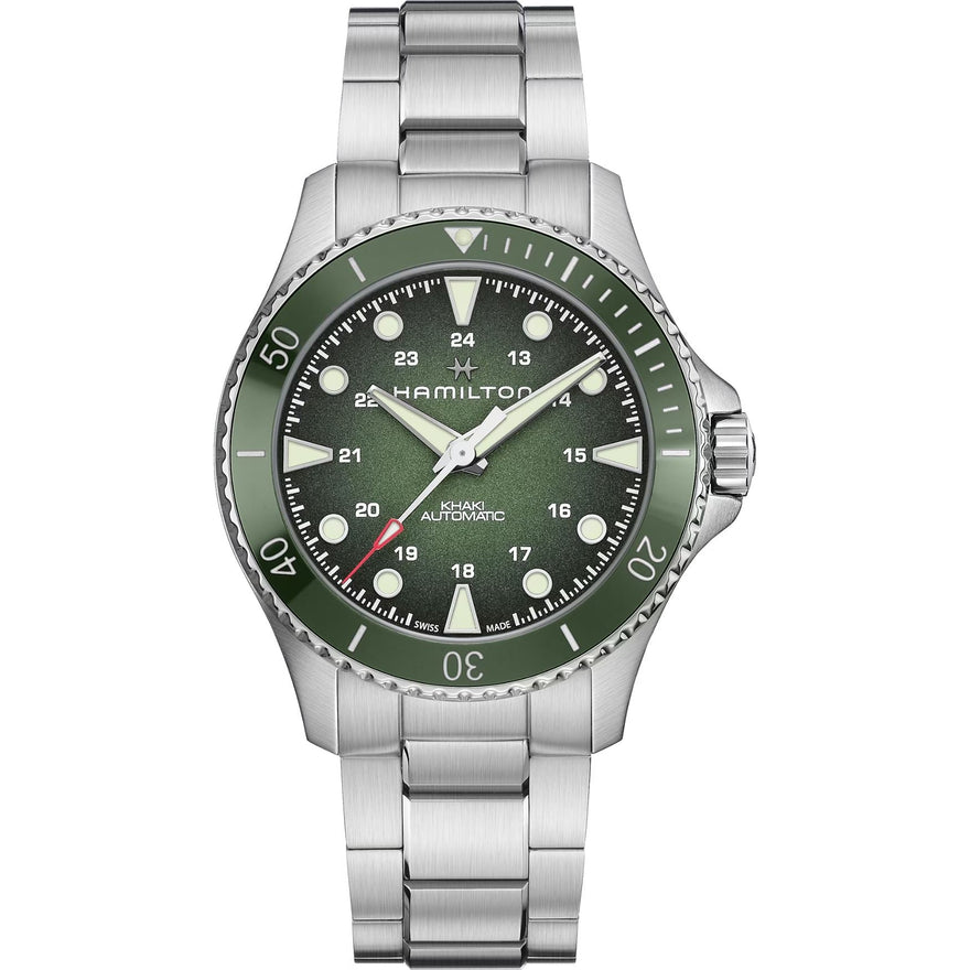 Hamilton Khaki Navy Scuba H82525160 analog herrklocka med grön urtavla och armband i rostfritt stål