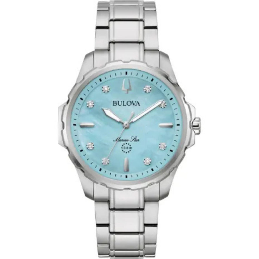 Bulova Marine Star 96P248 analog damklocka med blå urtavla och armband i rostfritt stål