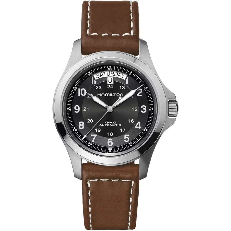 Hamilton Khaki Field King H64455533 analog herrklocka med svart urtavla och armband i läder