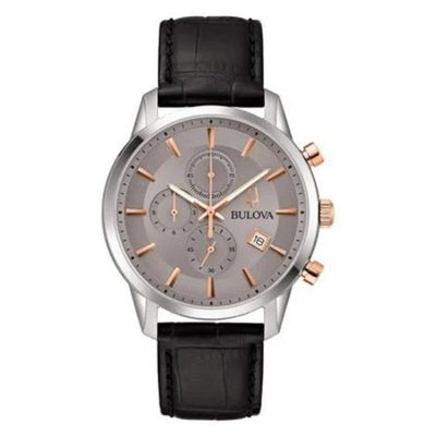 Bulova Sutton 98B409 analog herrklocka med grå urtavla och armband i läder