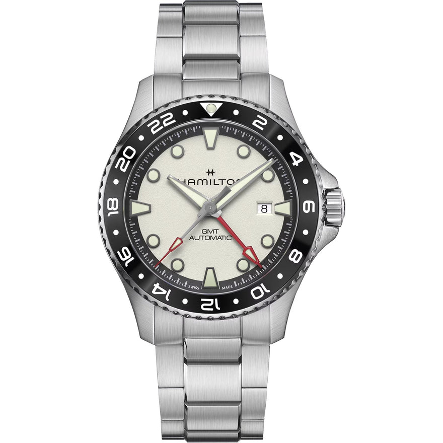 Hamilton Khaki Navy Scuba Gmt H82555150 analog herrklocka med silver urtavla och armband i rostfritt stål