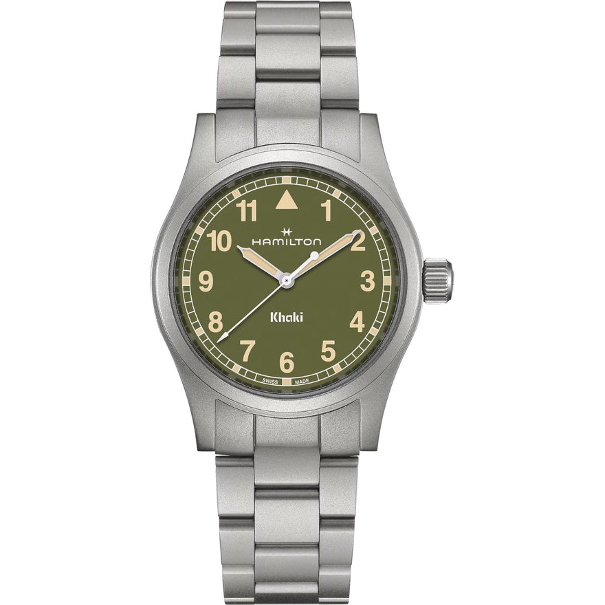 Hamilton Khaki Field H69401160 analog herrklocka med grön urtavla och armband i rostfritt stål