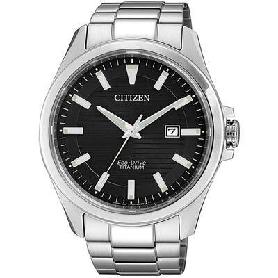 Citizen Eco-Drive BM7470-84E analog herrklocka med svart urtavla och armband i titan