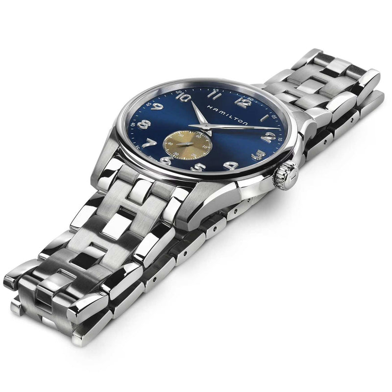 Hamilton Jazzmaster Thinline Small H38411140 analog herrklocka med blå urtavla och armband i rostfritt stål