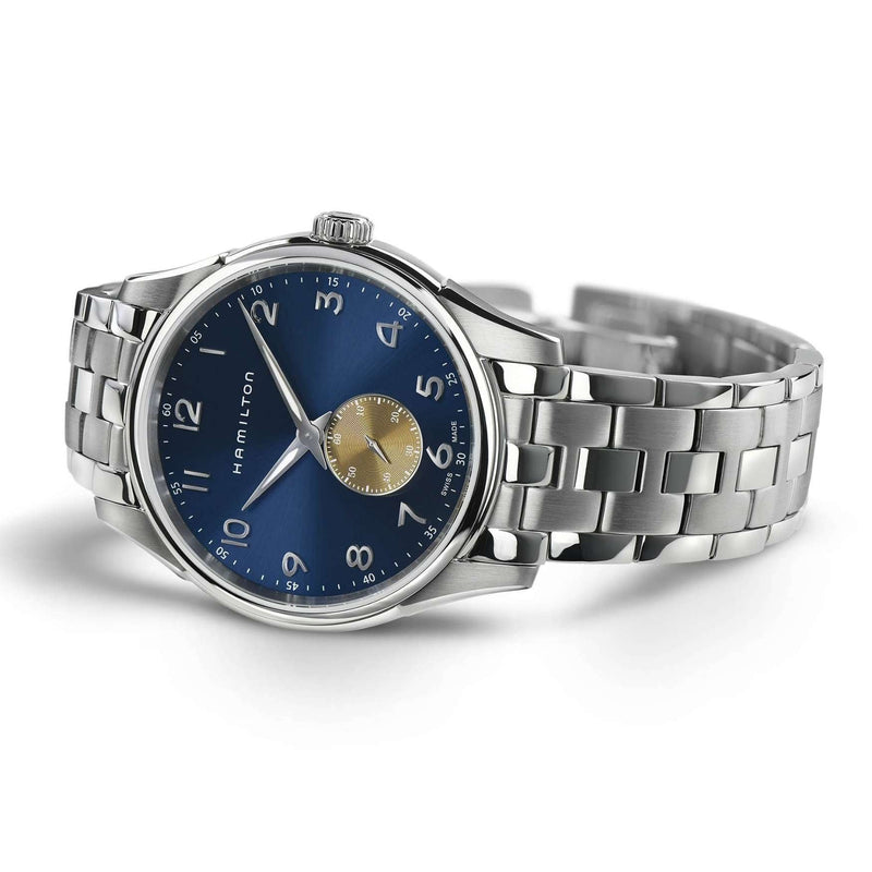 Hamilton Jazzmaster Thinline Small H38411140 analog herrklocka med blå urtavla och armband i rostfritt stål