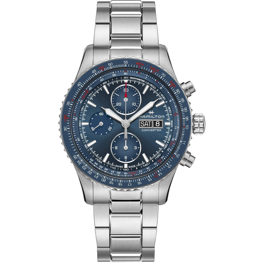 Hamilton Khaki Aviation Converter Auto Chrono H76746140 analog herrklocka med blå urtavla och armband i rostfritt stål