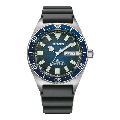 Citizen PROMASTER Mechanical Diver NY0129-07L analog unisexklocka med blå urtavla och armband i gummi
