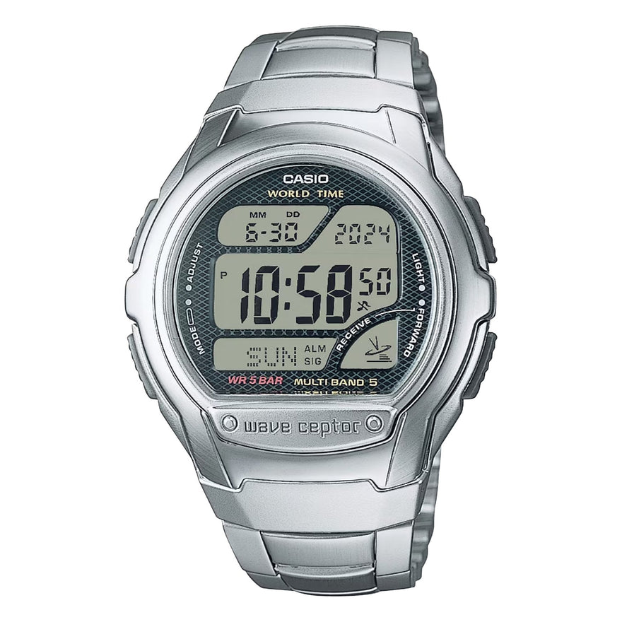 Casio Wave Ceptor WV-58RD-1AEF digital unisexklocka med silver urtavla och armband i rostfritt stål
