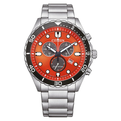 Citizen Eco-Drive Chronograph AT2560-84X analog herrklocka med orange urtavla och armband i rostfritt stål
