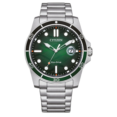 Citizen Marine Eco-Drive AW1811-82X analog herrklocka med grön urtavla och armband i rostfritt stål