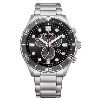 Citizen Eco-Drive Chronograph AT2568-82E analog herrklocka med svart urtavla och armband i rostfritt stål