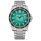 Citizen Marine Eco-Drive AW1816-89L analog herrklocka med grön urtavla och armband i rostfritt stål