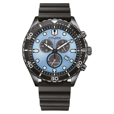 Citizen Eco-Drive Chronograph Aqua AT2567-18L analog herrklocka med blå urtavla och armband i gummi