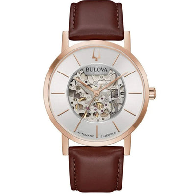 Bulova Clipper Skelethon 97A172 analog herrklocka med silver urtavla och armband i läder