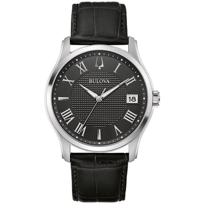 Bulova Wilton 96B390 analog herrklocka med svart urtavla och armband i läder