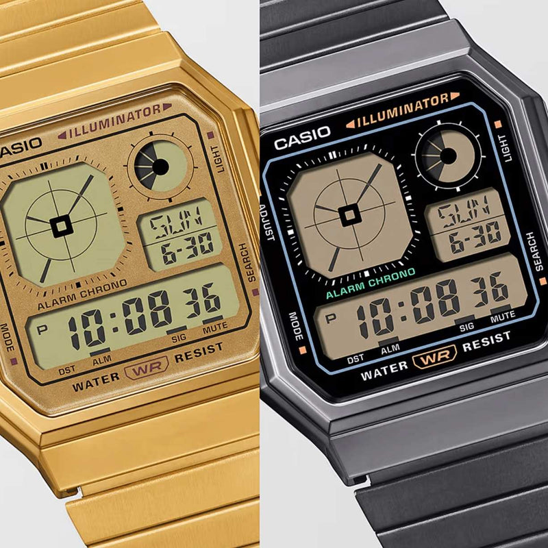 Casio EDGY A130WEGG-1AEF digital unisexklocka med svart urtavla och armband i rostfritt stål