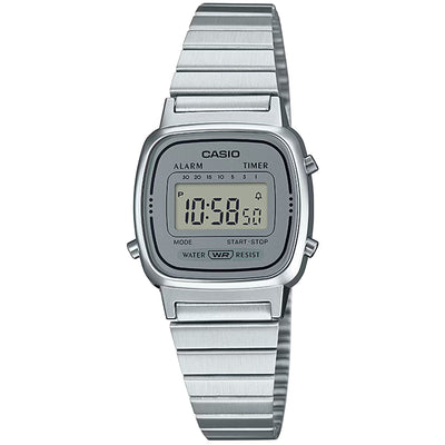 Casio Vintage LA670WEA-7EF digital herrklocka med grå urtavla och armband i rostfritt stål