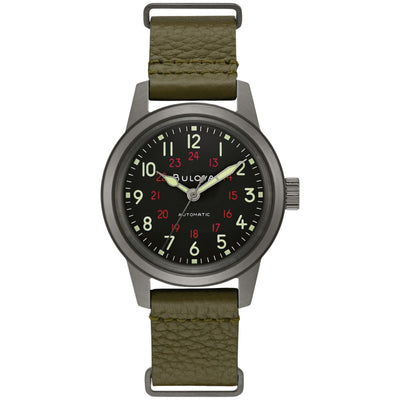 Bulova Hack Watch 98A255 analog herrklocka med grön urtavla och armband i läder