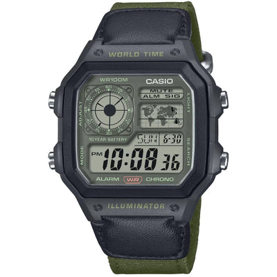 Casio Timeless AE-1200WHUB-3AVEF digital herrklocka med grön urtavla och armband i textil