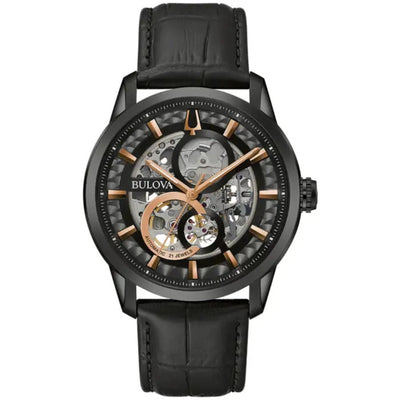 Bulova Sutton 98A283 analog herrklocka med svart urtavla och armband i läder