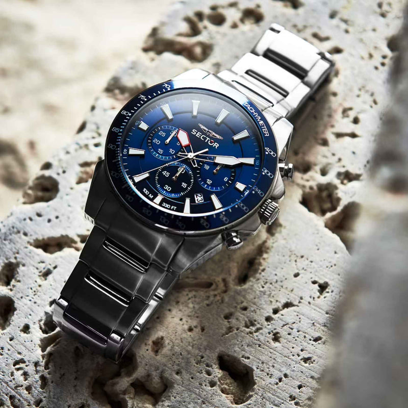 Sector 450 Kronograf R3273776009 analog herrklocka med blå urtavla och armband i rostfritt stål