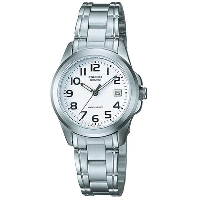 Casio TIMELESS LTP-1259PD-7BEG analog damklocka med vit urtavla och armband i rostfritt stål