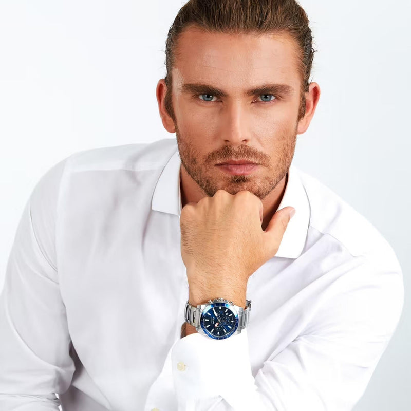 Sector 450 Kronograf R3273776009 analog herrklocka med blå urtavla och armband i rostfritt stål