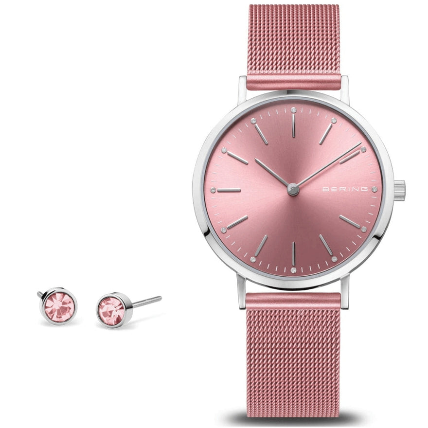Bering Classic 14134-999-GWP analog damklocka med rosa urtavla och armband i rostfritt stål