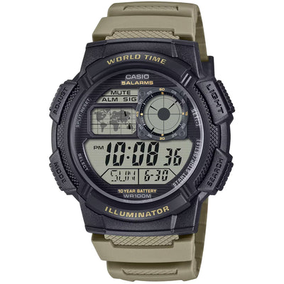 Casio Timeless World Time AE-1000W-5AVEF digital herrklocka med svart urtavla och armband i resin