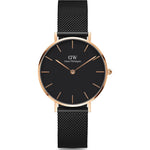 Daniel Wellington Classic Petite DW00100201 analog damklocka med svart urtavla och armband i rostfritt stål