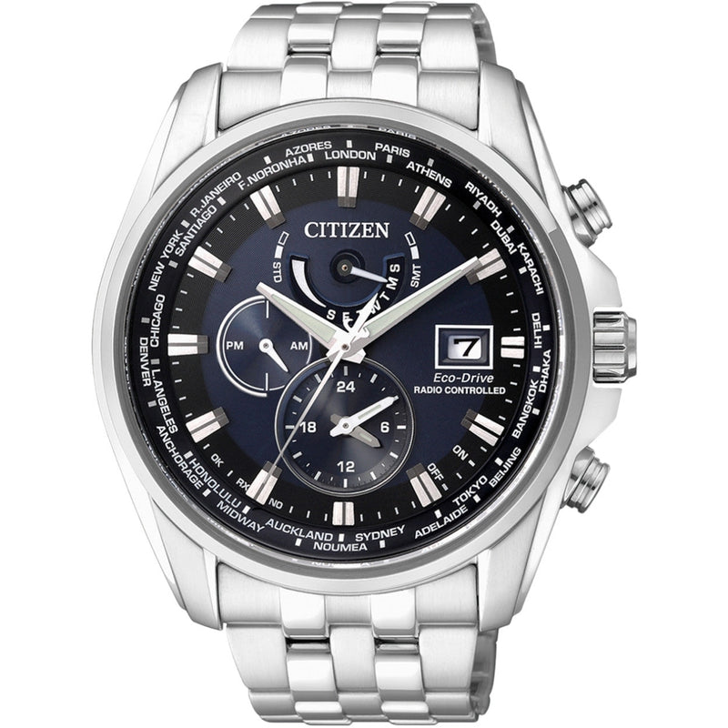 Citizen Radio Controlled AT9030-55L analog herrklocka med blå urtavla och armband i rostfritt stål