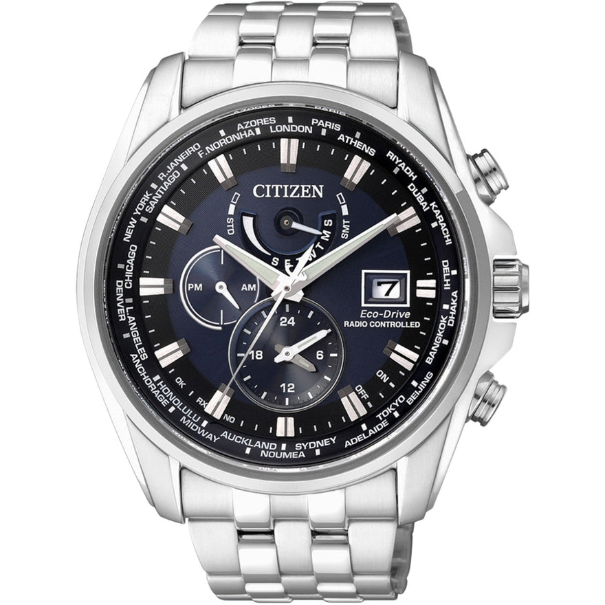 Citizen Radio Controlled AT9030-55L analog herrklocka med blå urtavla och armband i rostfritt stål