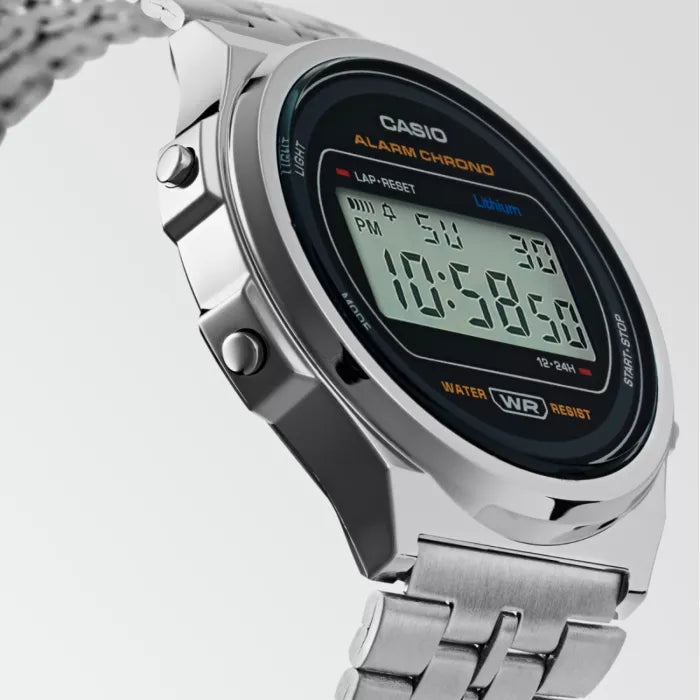 Casio Vintage A171WE-1AEF digital herrklocka med silver urtavla och armband i rostfritt stål