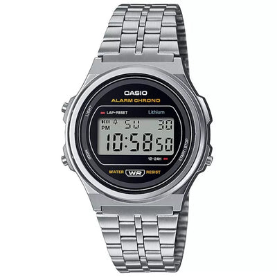 Casio Vintage A171WE-1AEF digital herrklocka med silver urtavla och armband i rostfritt stål